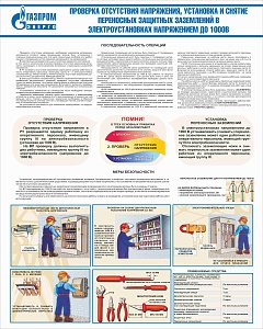 Стенд Проверка отсутствия напряжения, установка и снятие переносных защитных заземлений в электроустановках напряжением до 1000В, плакат, логотип, белый фон (800х1 000; Пластик ПВХ 4 мм; Алюминиевый профиль)